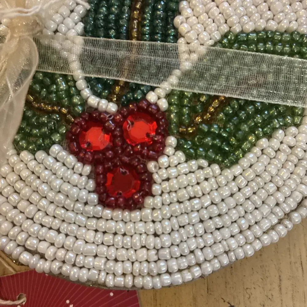 All Over Beaded Christmas Holly Berry Coasters Set of 4 Green Red White 4.5”